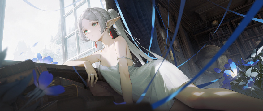 arm_rest bare_shoulders blender_(medium) blue_flower blue_ribbon book breasts closed_mouth commentary_request dacheng_ad diffraction_spikes dress earrings elf female flower frieren gem green_eyes grey_hair highres indoors jewelry long_hair looking_afar making-of_available nemophila_(flower) open_window partial_commentary pointy_ears ponytail red_gemstone ribbon ring small_breasts solo sousou_no_frieren spaghetti_strap strap_slip white_dress window