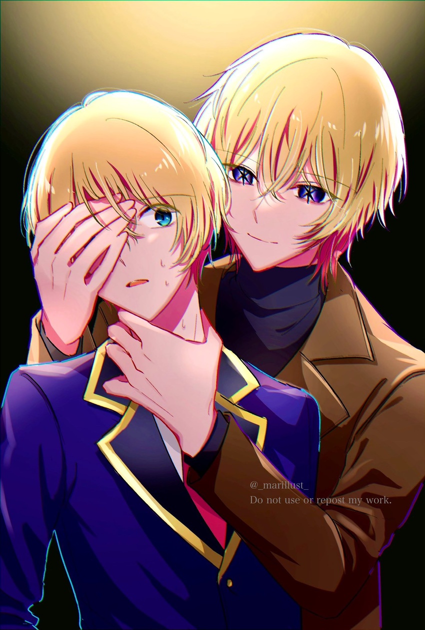 2boys blonde_hair blue_eyes brown_jacket closed_mouth father_and_son hair_between_eyes hand_over_eye highres hoshino_aquamarine incest jacket kamiki_hikaru male_focus marillust multiple_boys necktie open_mouth oshi_no_ko purple_eyes purple_jacket school_uniform shirt short_hair smile star-shaped_pupils star_(symbol) symbol-shaped_pupils yaoi youtou_high_school_uniform