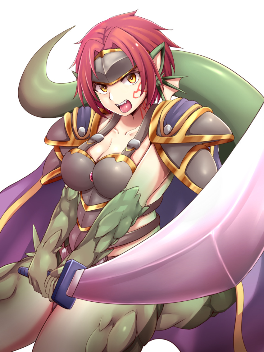 armor breasts cape cleavage collarbone colored_skin commentary_request cowboy_shot dragon_ears dragon_girl dragon_tail facial_tattoo fangs female fins forehead_protector granberia green_skin grey_armor head_fins highres holding holding_sword holding_weapon large_breasts looking_at_viewer mon-musu_quest! monster_girl open_mouth parted_bangs pointy_ears purple_cape raichi_(ddq0246) red_hair scales short_hair shoulder_armor simple_background solo sword tail tattoo teeth tongue two-handed_sword upper_teeth_only weapon white_background yellow_eyes