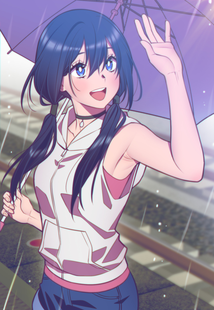 amano_hina_(tenki_no_ko) andrian_januar_adilia armpits black_choker black_hair blue_eyes choker collarbone english_commentary female highres holding holding_umbrella hood hood_down hooded_jacket jacket long_hair looking_afar open_mouth rain sleeveless sleeveless_jacket solo teeth tenki_no_ko twintails umbrella upper_body upper_teeth_only white_jacket