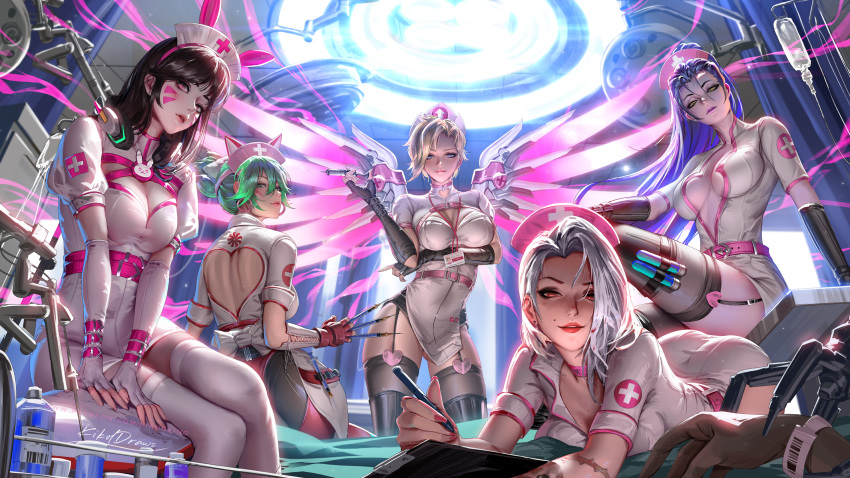 5girls alternate_costume ashe_(overwatch) blonde_hair breasts brown_hair cleavage d.va_(overwatch) garter_straps green_hair grey_hair hat highres kiriko_(overwatch) liang_xing looking_at_viewer mechanical_wings mercy_(overwatch) multiple_girls nurse nurse_cap overwatch overwatch_1 overwatch_2 panties panty_peek pov purple_hair smile syringe thighhighs underwear widowmaker_(overwatch) wings