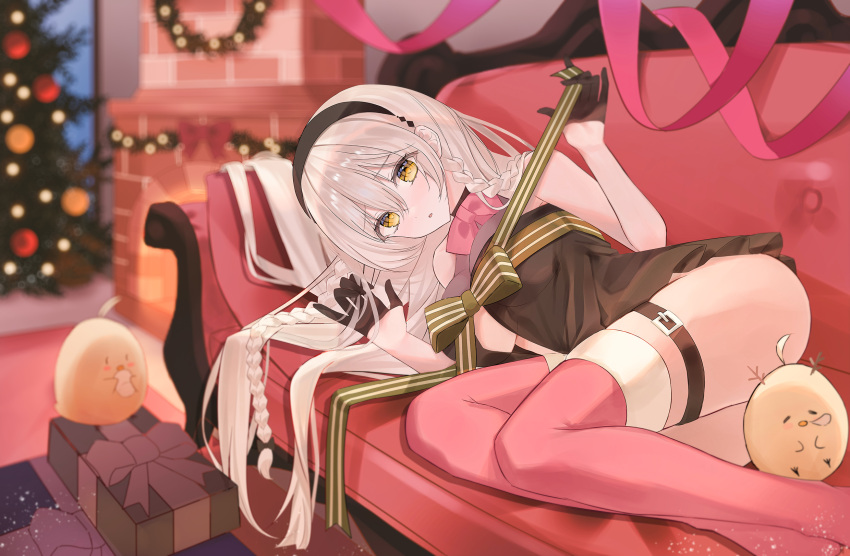 azur_lane belt bird black_gloves black_hairband black_negligee blush bow box braid breasts chick christmas christmas_tree couch female fireplace gift gift_box gift_wrapping gloves hair_between_eyes hairband hermione_(azur_lane) highres indoors large_breasts long_hair looking_at_viewer lying manjuu_(azur_lane) negligee on_side parted_lips red_bow red_thighhighs sleeping thigh_belt thigh_strap thighhighs white_hair yagen_(user_mxur3238) yellow_eyes