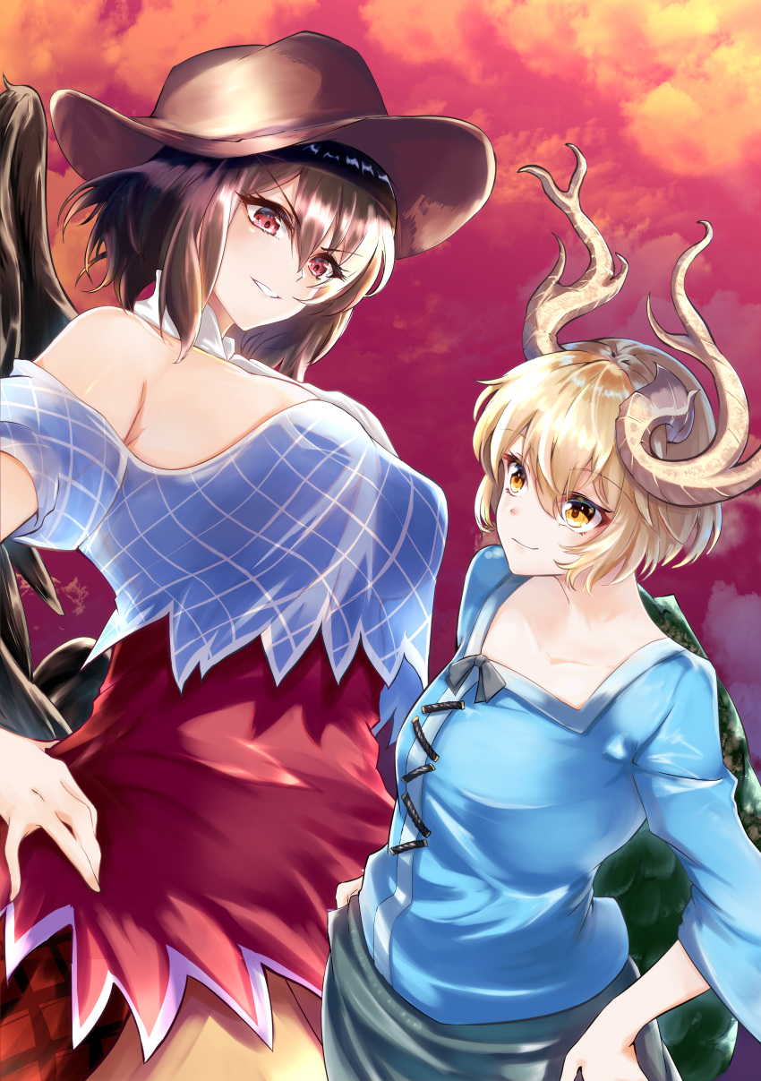 2girls absurdres antlers bare_shoulders black_hair black_wings blonde_hair blue_shirt breasts brown_headwear brown_skirt collarbone commentary_request cowboy_hat cowboy_shot dragon_horns feathered_wings grey_skirt grin hair_between_eyes hand_on_own_hip hands_on_own_hips hat highres horns kicchou_yachie kurokan_(kokkyou_oudan) kurokoma_saki large_breasts long_sleeves looking_at_another multiple_girls off-shoulder_shirt off_shoulder overskirt puffy_short_sleeves puffy_sleeves red_eyes shirt short_hair short_sleeves skirt smile touhou v-shaped_eyebrows wings yellow_eyes