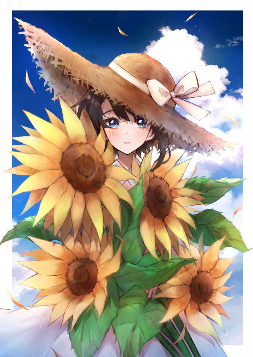 absurdres alternate_costume bad_id bad_pixiv_id black_hair blue_sky cloud cloudy_sky dress female flower green_eyes hat highres holding holding_flower hololive looking_at_viewer mashiro_io mixed-language_commentary oozora_subaru open_mouth outdoors short_hair sky solo straw_hat sundress sunflower swept_bangs virtual_youtuber white_dress yellow_flower