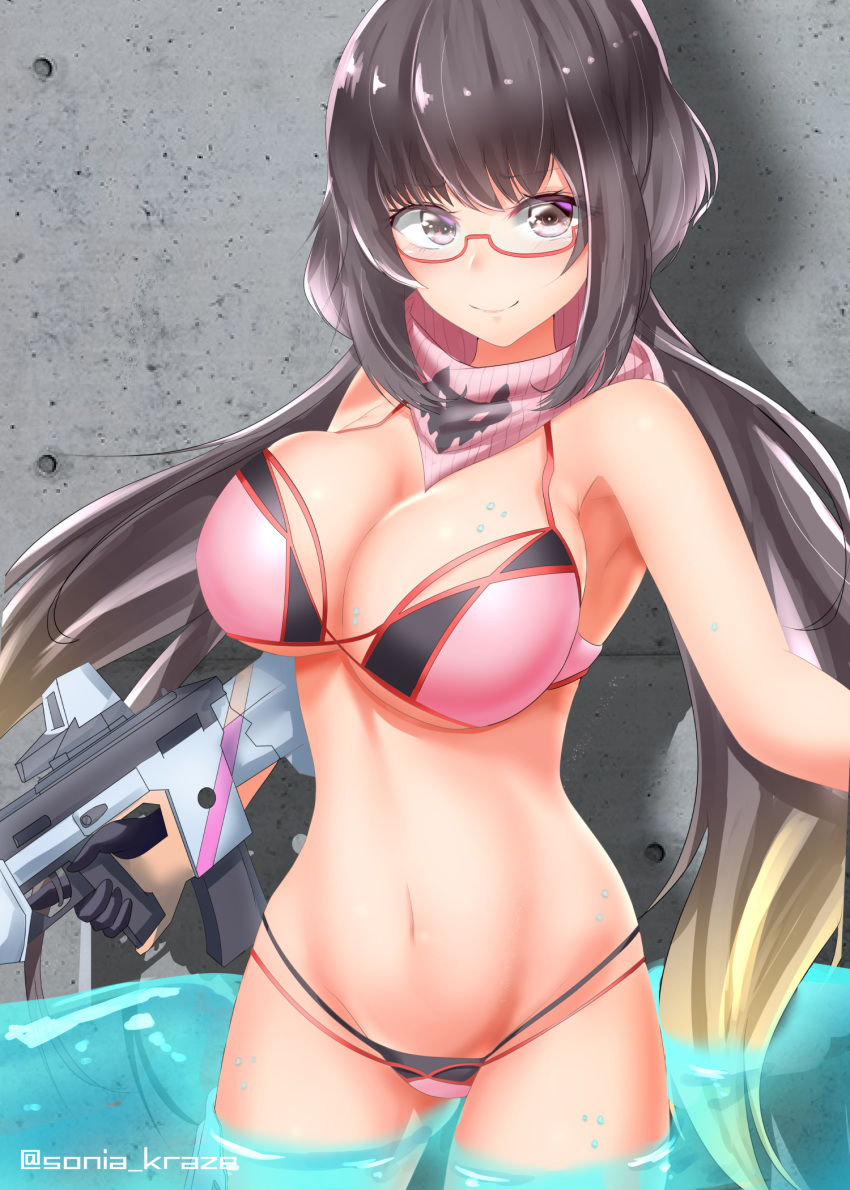 amamiya_kure bare_shoulders bikini blush breasts brown_hair cleavage closed_mouth fate/grand_order fate_(series) female glasses gun highres large_breasts long_hair looking_at_viewer navel osakabehime_(fate) osakabehime_(swimsuit_archer)_(fate) osakabehime_(swimsuit_archer)_(second_ascension)_(fate) pink_bikini pink_scarf purple_eyes red-framed_eyewear scarf smile swimsuit twintails weapon