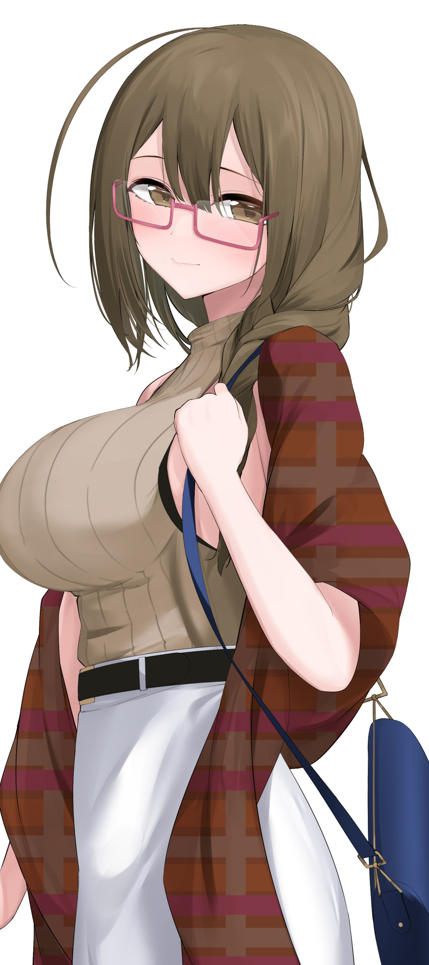 absurdres ahoge bag bespectacled blush braid braided_ponytail breasts brown_hair brown_sweater enri_madoka female glasses hair_over_shoulder highres huge_ahoge idolmaster idolmaster_shiny_colors kuwayama_chiyuki large_breasts light_smile looking_at_viewer plaid_shawl ribbed_sweater semi-rimless_eyewear shawl shoulder_bag side_ponytail simple_background skirt sleeveless sleeveless_turtleneck solo sweater turtleneck white_background white_skirt