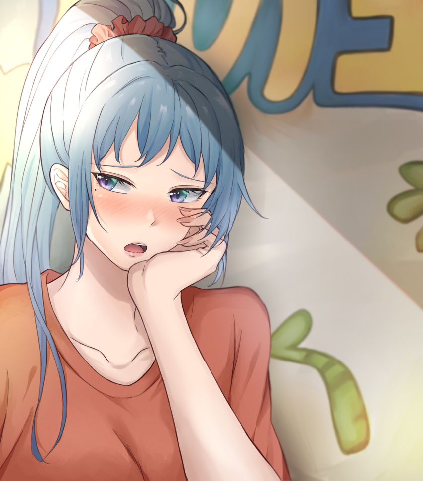 :o blue_hair blush female hand_on_own_cheek hand_on_own_face high_ponytail highres indoors kawasaki_saki light_(lightpicture33) long_hair looking_to_the_side mole mole_under_mouth open_mouth orange_shirt ponytail purple_eyes scrunchie shirt short_sleeves sidelocks solo t-shirt yahari_ore_no_seishun_lovecome_wa_machigatteiru.