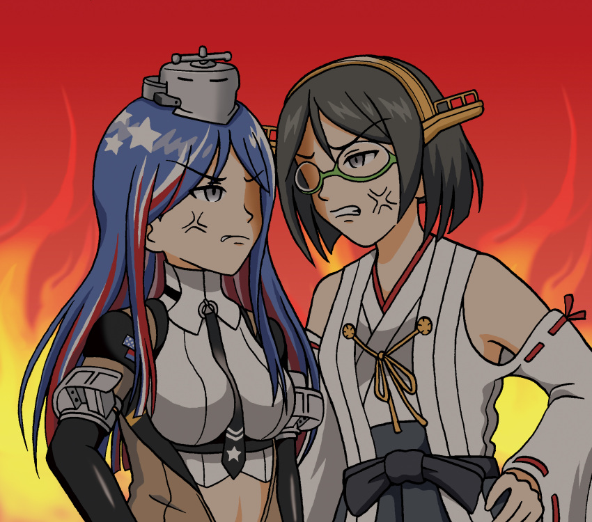 2girls anger_vein black_hair commentary_request fire glasses headgear highres hoshino_banchou kantai_collection kirishima_(kancolle) kirishima_kai_ni_(kancolle) long_hair multicolored_hair multiple_girls necktie nontraditional_miko photoshop_(medium) short_hair south_dakota_(kancolle)