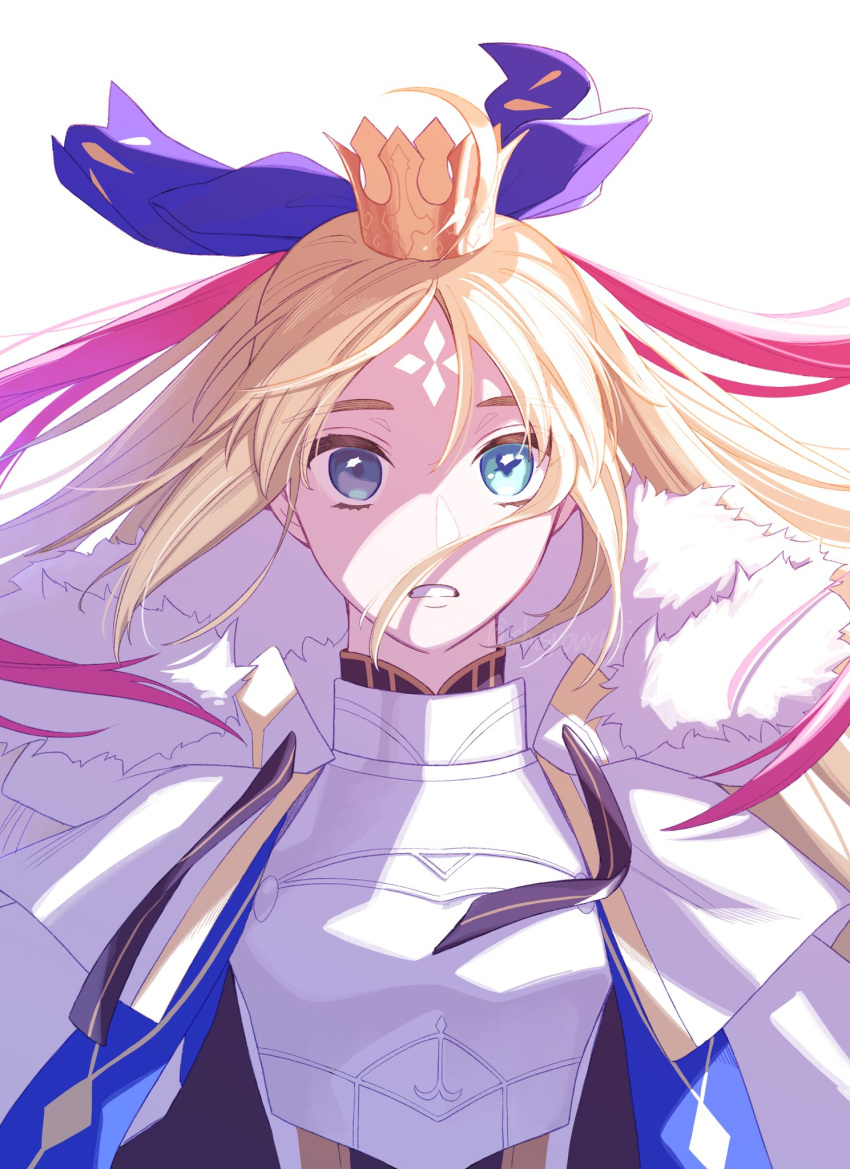 artoria_caster_(fate) artoria_caster_(third_ascension)_(fate) artoria_pendragon_(fate) blonde_hair crown facial_mark fate/grand_order fate_(series) female forehead forehead_mark green_eyes highres parted_bangs shayubi simple_background solo white_background