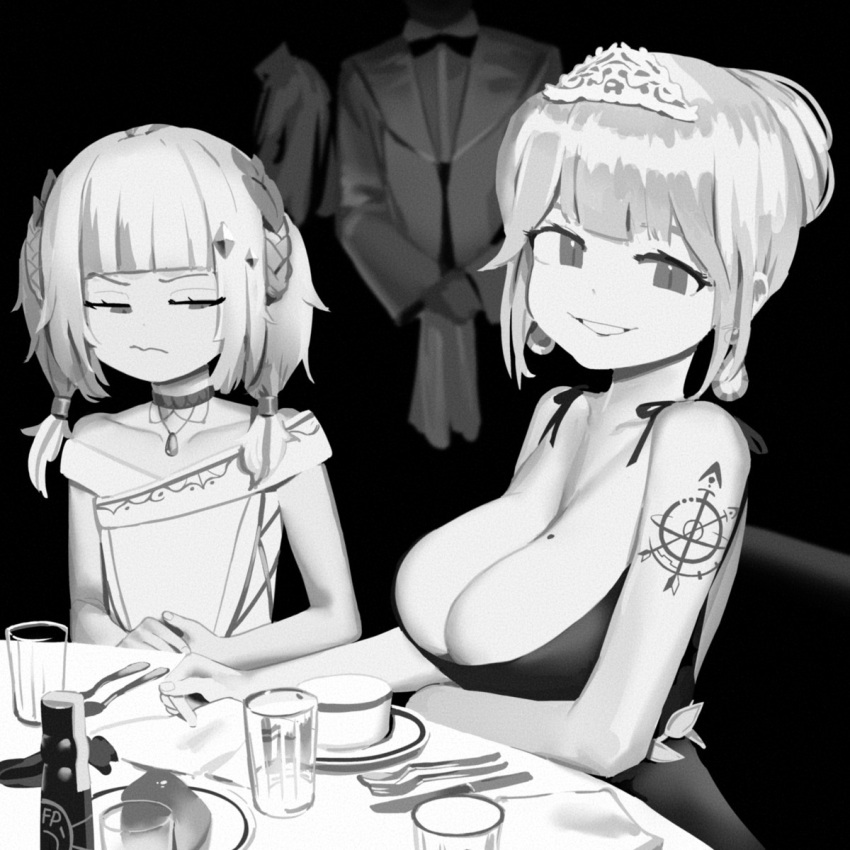 2girls bare_shoulders breast_envy breasts choker cleavage cup cutlery dress drinking_glass evening_gown flat_chest food fork formal gawr_gura gawr_gura_(party_dress) gown greyscale highres hololive hololive_english knife large_breasts mole mole_on_breast monochrome multiple_girls official_alternate_costume parody photo-referenced short_hair suit table tattoo tiara virtual_youtuber waiter watson_amelia watson_amelia_(party_dress) wllmagic