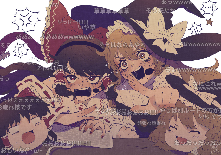 ! !? ...! 2girls anger_vein blonde_hair blush bow braid brown_hair commentary_request computer_keyboard cropped_torso danmaku_comments hair_tubes hairbow hakurei_reimu hat headphones highres kirisame_marisa long_hair long_sleeves looking_at_viewer motion_lines multiple_girls nail_polish nontraditional_miko open_mouth pointing puffy_long_sleeves puffy_sleeves red_bow red_eyes red_nails ribbon-trimmed_sleeves ribbon_trim simple_background sokura_(mochichitose) spoken_exclamation_mark sweatdrop teeth touhou upper_body upper_teeth_only white_background witch_hat yin_yang yin_yang_print yukkuri_shiteitte_ne