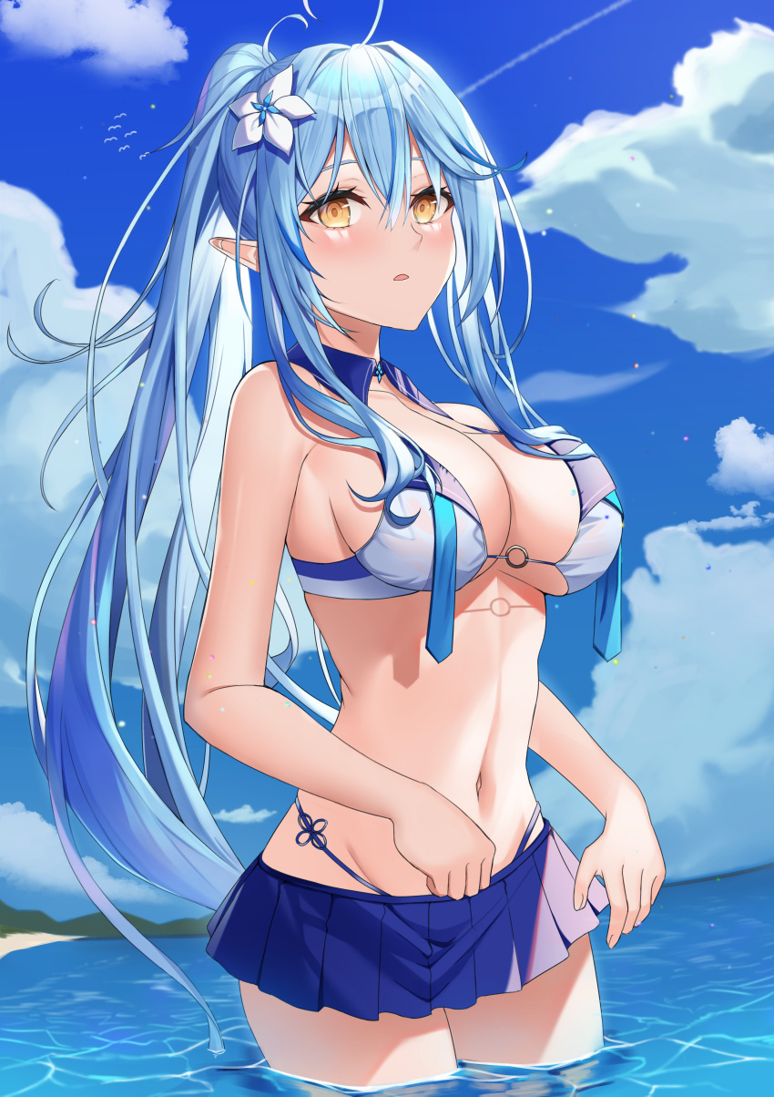 absurdres ahoge atora bad_id bad_pixiv_id beach bikini bikini_skirt bird blue_hair blue_sky breasts cleavage cloud cloudy_sky colored_tips day female flower hair_flower hair_ornament heart heart_ahoge highres hololive large_breasts long_hair multicolored_hair navel outdoors parted_lips pointy_ears sailor_bikini sailor_collar sky solo streaked_hair swimsuit virtual_youtuber water yellow_eyes yukihana_lamy