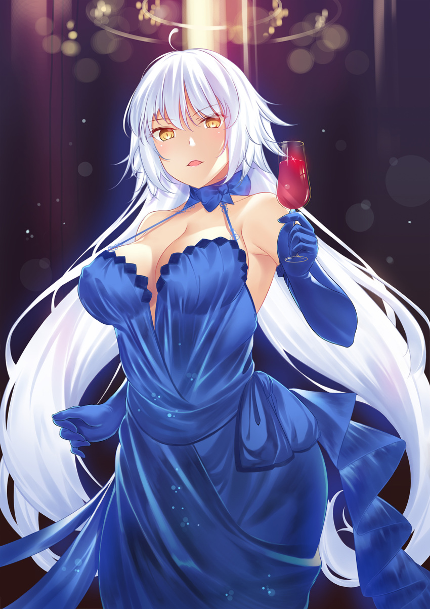 ahoge alcohol bare_shoulders blue_dress blue_gloves blush breasts cleavage collarbone commentary_request cowboy_shot cup dress drinking_glass elbow_gloves evening_gown fate/grand_order fate_(series) female gloves highres holding holding_cup jeanne_d'arc_alter_(avenger)_(fate) jeanne_d'arc_alter_(fate) jeanne_d'arc_alter_(holy_night_supper)_(fate) large_breasts lens_flare light long_hair looking_at_viewer majin_(kiidoumajin) official_alternate_costume open_mouth orange_eyes photoshop_(medium) solo straight_hair very_long_hair white_hair wine wine_glass