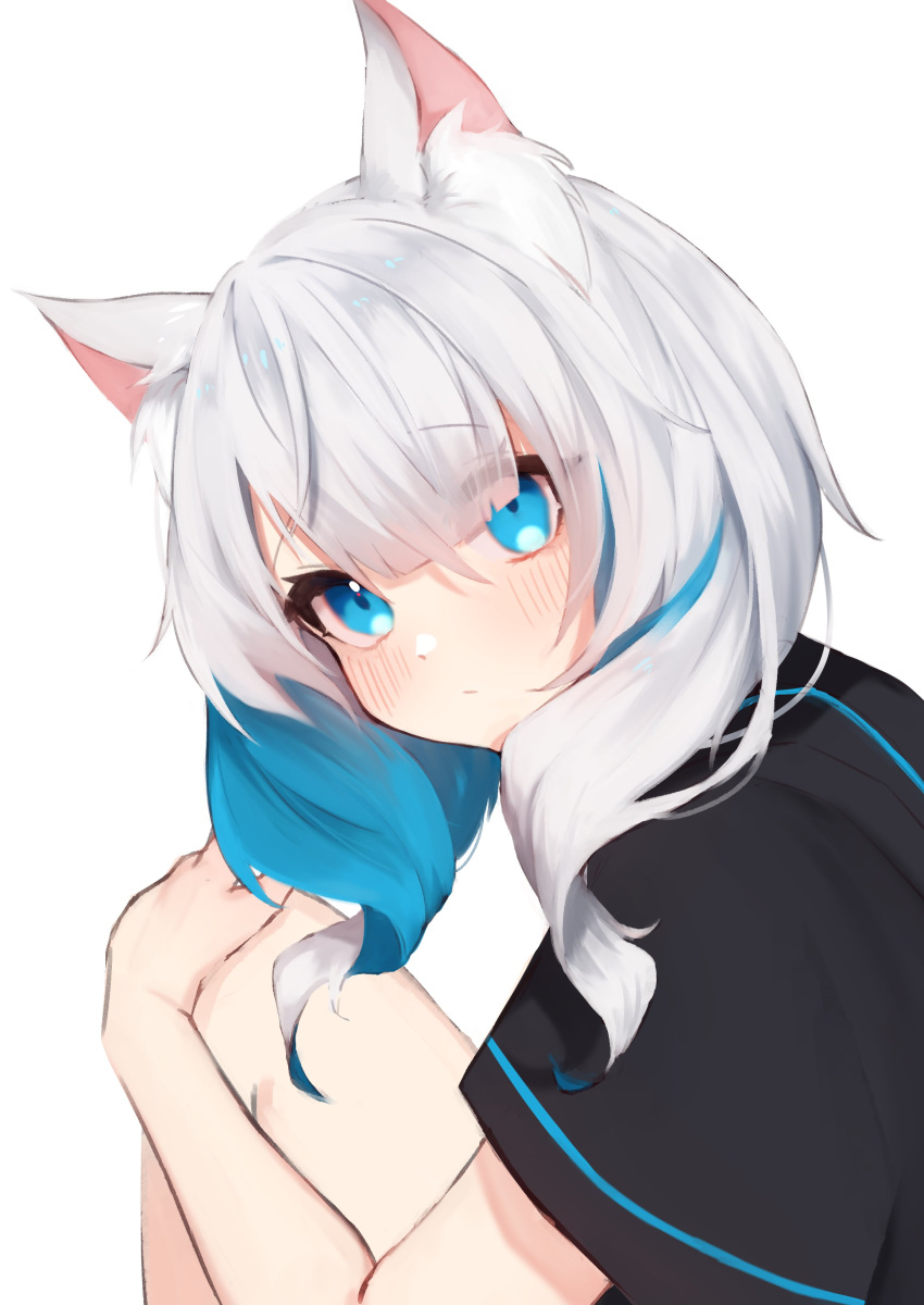 absurdres animal_ears bad_id bad_pixiv_id black_shirt blue_eyes cat_ears cat_girl closed_mouth female highres looking_at_viewer mashiro_io medium_hair multicolored_hair original shirt simple_background solo streaked_hair white_background white_hair