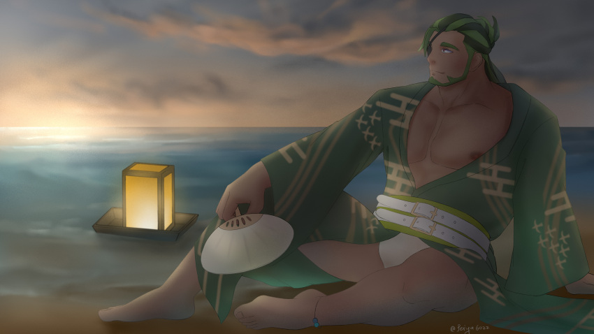 1boy abs absurdres bara bare_pectorals beach beard bulge dark-skinned_male dark_skin eyepatch facial_hair feiya6022 full_body fundoshi green_hair green_kimono hand_fan highres holding holding_fan japanese_clothes kimono large_pectorals leon_(world_flipper) looking_to_the_side male_focus male_underwear mature_male multicolored_hair muscular muscular_male nipples official_alternate_costume open_clothes open_kimono outdoors pectorals sand short_hair sitting smile solo stomach sunrise thick_thighs thighs two-tone_hair underwear water white_male_underwear world_flipper