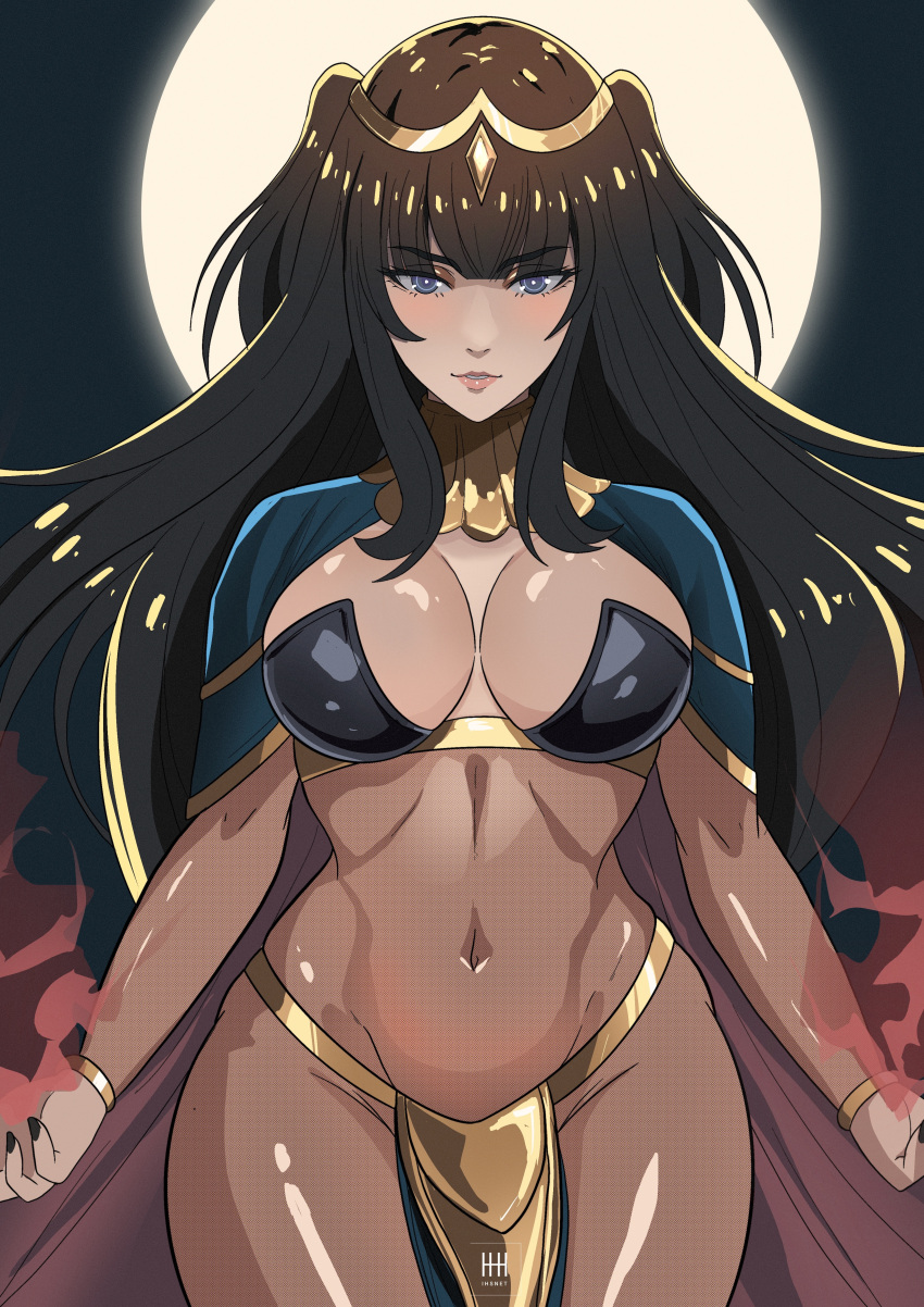 absurdres artist_name black_hair blush bodystocking breasts cape commentary covered_navel female fingernails fire_emblem fire_emblem_awakening full_moon gold_trim highres ihsnet jewelry large_breasts lips loincloth long_hair looking_at_viewer moon nail_polish navel parted_lips pelvic_curtain purple_eyes revealing_clothes signature solo tharja_(fire_emblem) tiara turtleneck