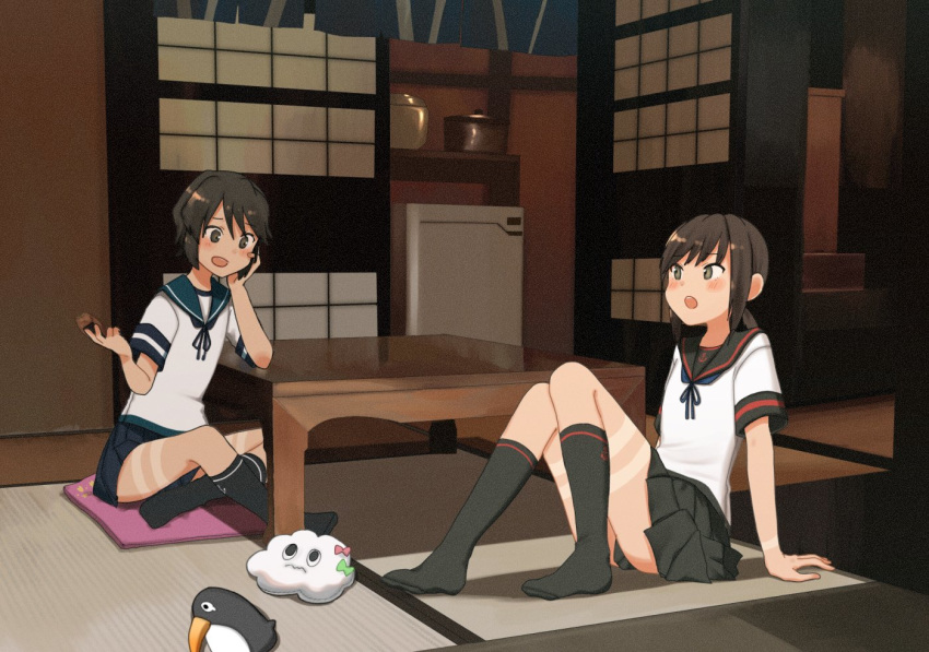 2girls accessory_tan annin_musou bad_id bad_twitter_id bird black_eyes black_hair black_socks brown_eyes brown_hair cellphone chabudai_(table) check_commentary commentary_request cracker cushion failure_penguin food fubuki_(kancolle) fubuki_kai_ni_(kancolle) full_body hand_on_own_cheek hand_on_own_face head_rest holding holding_food indian_style kantai_collection kneehighs miss_cloud miyuki_(kancolle) multiple_girls open_mouth penguin phone pleated_skirt ponytail revealing_tanlines sailor_collar school_uniform senbei serafuku short_hair short_sleeves sidelocks sitting skirt smile socks stuffed_animal stuffed_toy table tan tanlines zabuton