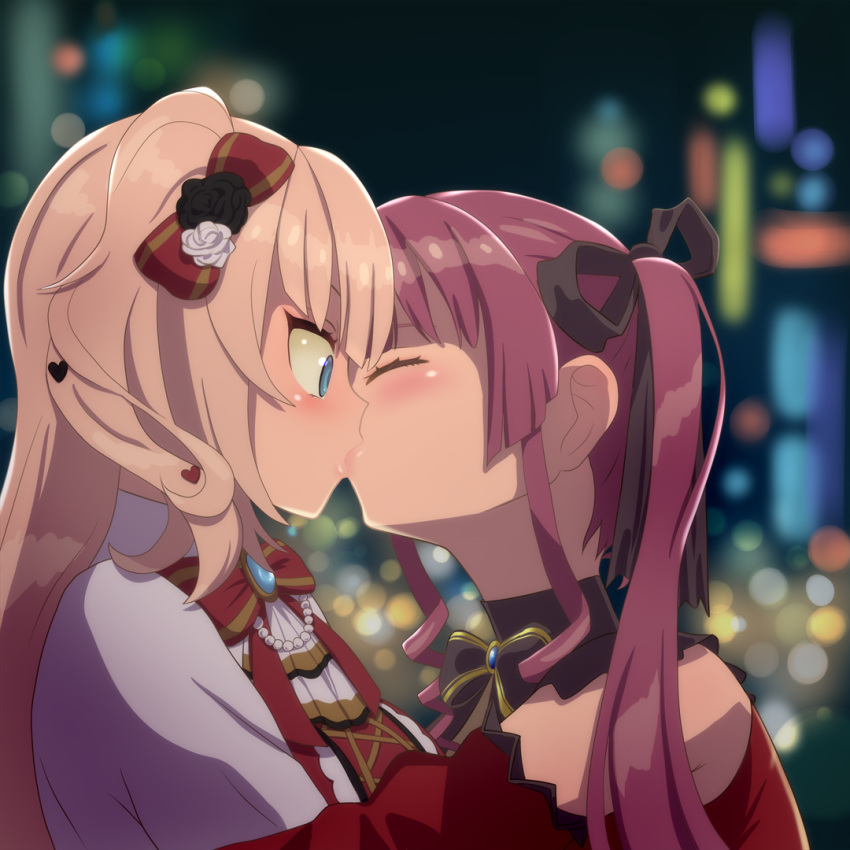 2girls akai_haato akai_haato_(gothic_lolita) blonde_hair blue_eyes blush bow closed_eyes commentary_request esuki hair_ornament hair_ribbon hairbow heart heart_hair_ornament hololive houshou_marine houshou_marine_(gothic_lolita) hug kissing long_hair multiple_girls night official_alternate_costume red_hair ribbon twintails virtual_youtuber yuri