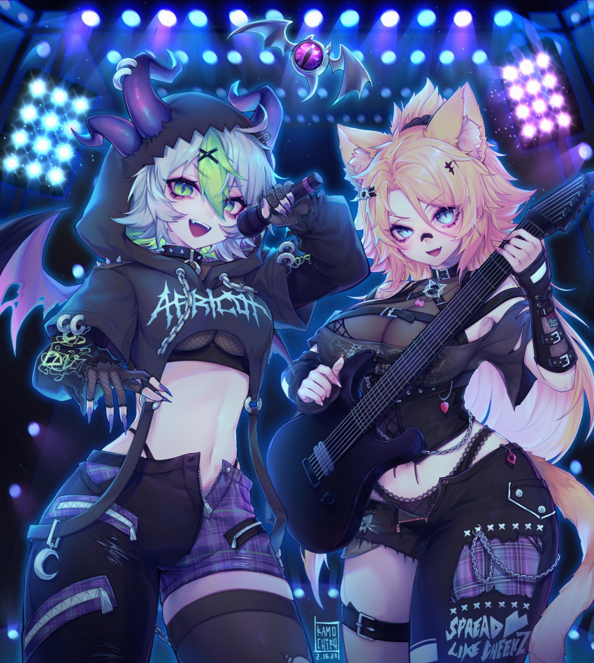 2023 2girls 7-string_guitar animal_ears apricot_the_lich artist_name bandaid bandaid_on_face bandaid_on_nose blonde_hair blue_eyes breasts cat_ears cat_girl cat_tail chains collar cowboy_shot dated demon_girl demon_horns demon_wings fangs gloves green_eyes green_hair guitar hair_between_eyes hair_ornament highres holding holding_instrument holding_microphone horns indie_virtual_youtuber instrument kamochiru looking_at_viewer medium_breasts microphone midriff multicolored_hair multiple_girls multiple_horns navel obkatiekat obkatiekat_(2nd_costume) open_fly open_mouth panties purple_eyes single_thighhigh slit_pupils spiked_collar spikes stage_lights streaked_hair tail teeth thigh_strap thighhighs tongue underwear virtual_youtuber vshojo watermark wings x_hair_ornament