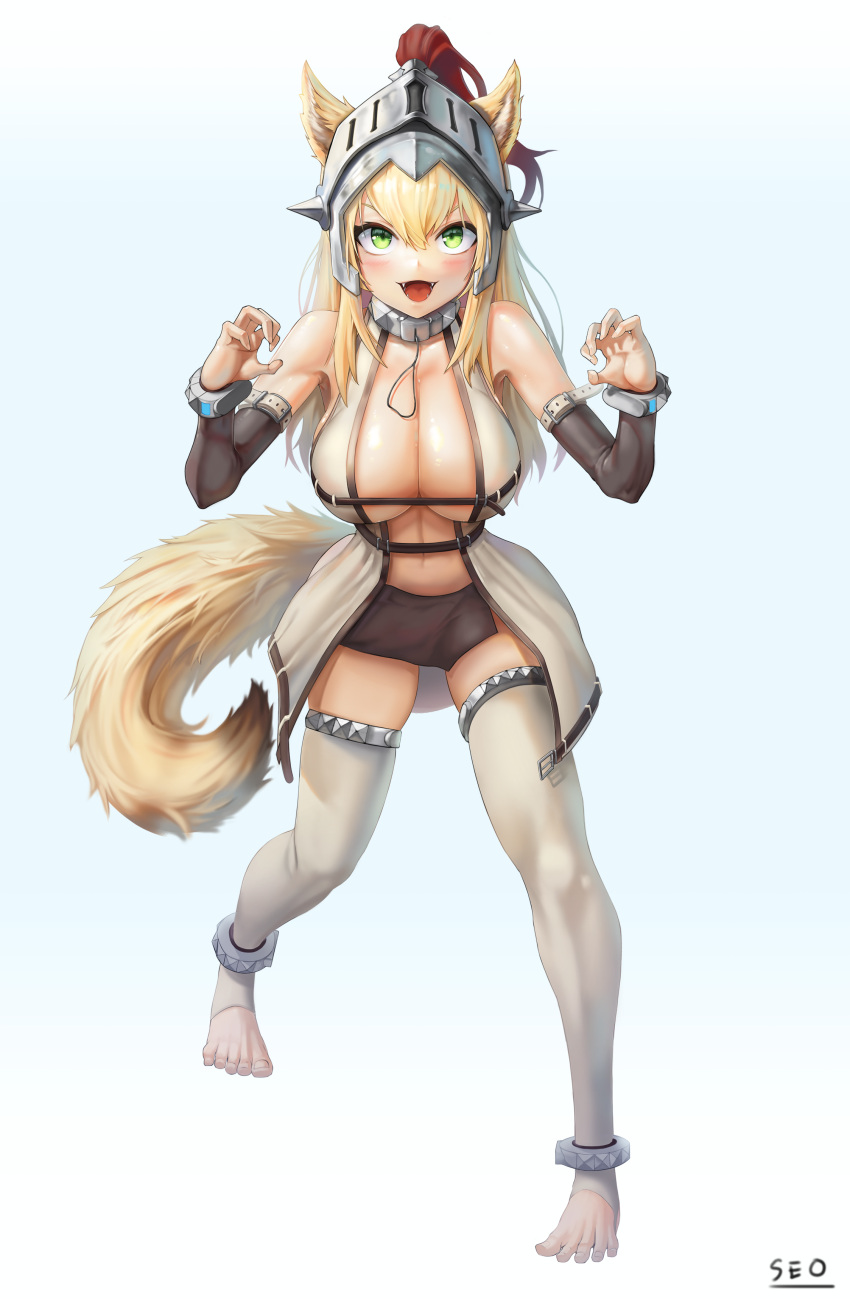 absurdres animal_ears blonde_hair blush breasts claw_pose cleavage collar cosplay fangs female female_knight_(guardian_tales) fenrir_(last_origin) fenrir_(last_origin)_(cosplay) full_body green_eyes guardian_tales hair_between_eyes helm helmet highres korean_commentary large_breasts last_origin open_mouth seo_(tqhgud016) simple_background solo spats_(footwear) tail thighhighs white_background white_thighhighs wolf_ears wolf_girl wolf_tail