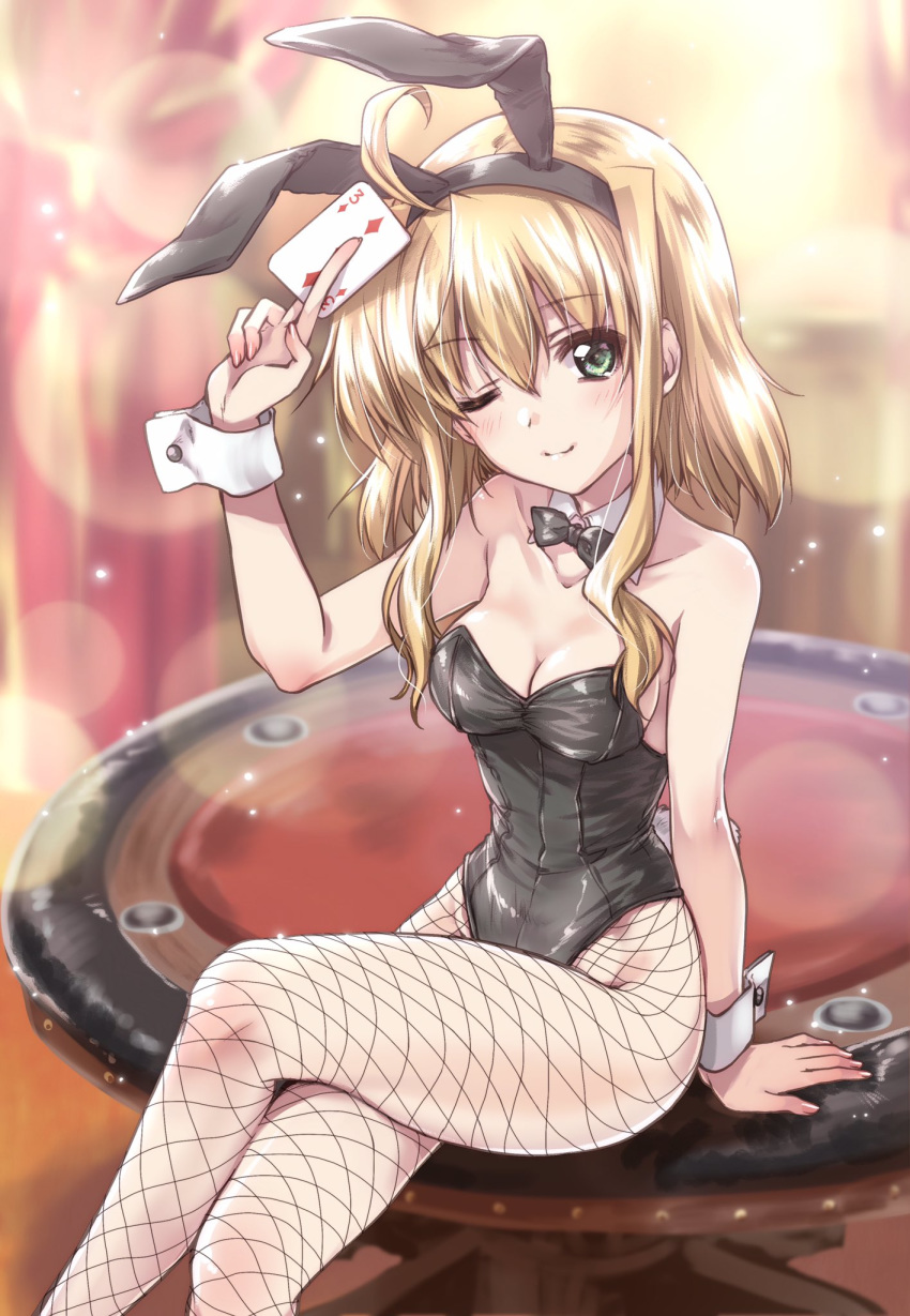 aged_up ahoge animal_ears arisa_bunnings black_bow black_bowtie black_leotard blurry blurry_background bow bowtie breasts brown_hair casino_card_table cleavage commentary_request crossed_legs detached_collar fake_animal_ears female fishnet_pantyhose fishnets green_eyes highres kuroi_mimei leotard looking_at_viewer lyrical_nanoha mahou_shoujo_lyrical_nanoha medium_breasts medium_hair one_eye_closed pantyhose playboy_bunny rabbit_ears rabbit_tail sidelocks sitting sitting_on_table solo strapless strapless_leotard table tail wrist_cuffs