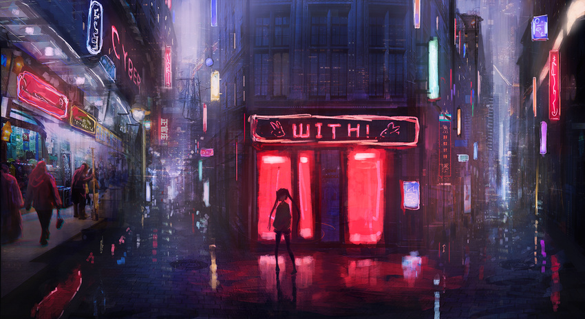 backlighting bag blurry city city_lights commentary_request dark depth_of_field female handbag kagumanikusu long_hair looking_at_viewer manhole neon_lights night original outdoors reflection road scenery sign solo_focus street twintails vanishing_point walking