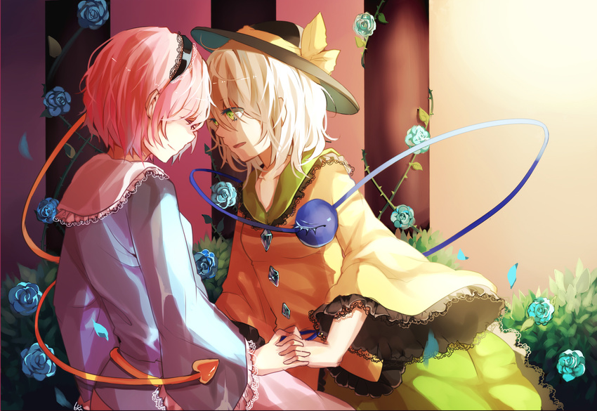 2girls blue_flower blue_rose blush closed_eyes commentary flower green_eyes green_hair hairband hat hat_ribbon heart highres komeiji_koishi komeiji_satori lace long_hair long_sleeves mei_luo multiple_girls open_mouth pink_hair ribbon rose short_hair siblings sisters skirt smile symbol-only_commentary third_eye touhou wide_sleeves