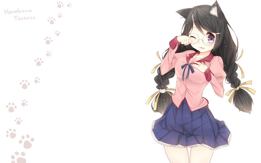 :3 animal_ears black_hair catgirl glasses hanekawa_tsubasa monogatari_(series) nekomonogatari oerba_yun_fang purple_eyes seifuku umeno_(umenonono) wink