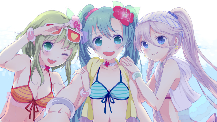 3girls aqua_hair ayase_eli ayase_eli_(cosplay) bangle bikini blue_eyes bracelet braid commentary_request cosplay eyewear_on_head flower girl_sandwich green_eyes green_hair gumi hair_flower hair_ornament hatsune_miku hibiscus ia_(vocaloid) jewelry kosaka_honoka kosaka_honoka_(cosplay) long_hair love_live! love_live!_school_idol_project multiple_girls natsuiro_egao_de_1_2_jump! nishikino_maki nishikino_maki_(cosplay) one_eye_closed sandwiched shiki_hinako short_hair striped_bikini striped_clothes sunglasses swimsuit twin_braids twintails vocaloid white_hair