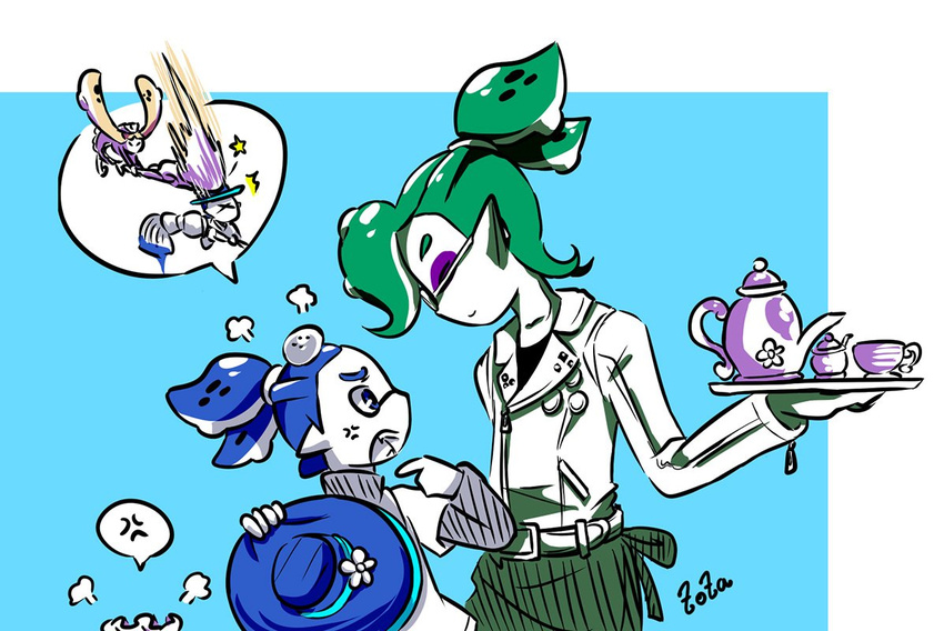 >_< 2boys anger_vein angry artist_name blue_eyes blue_hair closed_eyes cup donut_(zoza) dress fangs female flower glasses green_hair hat hat_flower head_bump height_difference holding inkling inkling_boy inkling_girl inkling_player_character jumping layered_clothes layered_sleeves lollipop_(zoza) long_hair long_sleeves looking_at_another maid maid_headdress multiple_boys octobrush_(splatoon) partially_colored pointy_ears puff_of_air samurai_(zoza) short_hair short_over_long_sleeves short_sleeves shouting signature speech_bubble splatoon_(series) splatoon_1 standing star_(symbol) teacup teapot tentacle_hair tray unworn_headwear upper_body white_hair zoza