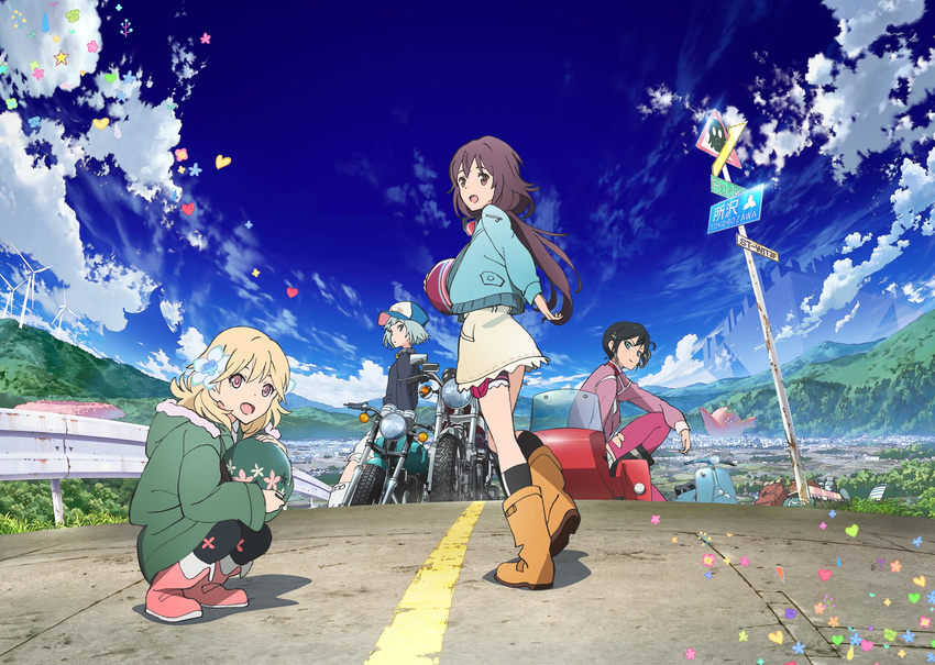 4girls black_hair blonde_hair brown_eyes brown_hair flower hair_ornament hibiki_ai highres jacket kosaka_yukina long_hair misono_chiaya moritomo_nozomi motor_vehicle motorcycle multiple_girls official_art outdoors photoshop_(medium) the_rolling_girls