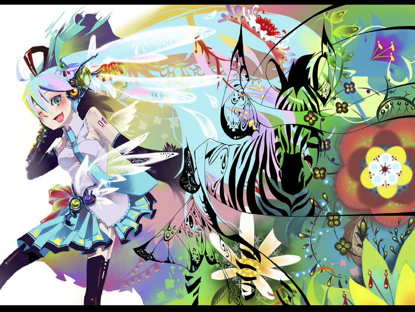 aqua_eyes aqua_hair black_thighhighs commentary_request detached_sleeves female flower hatsune_miku headphones highres letterboxed long_hair necktie one_eye_closed open_mouth skirt sleeves_past_wrists smile solo thighhighs tokino_hitonatsu twintails very_long_hair vocaloid wings zebra