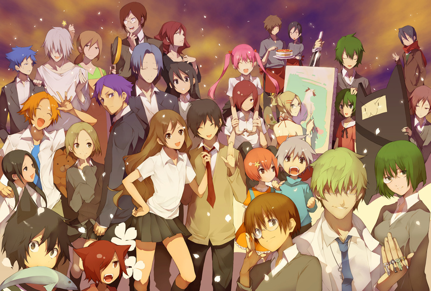 6+boys 6+girls animal_ears apron ayasaki_remi bad_id bad_pixiv_id black_hair blonde_hair blue_hair brown_hair cake cat_ears closed_eyes everyone fish food formal frying_pan glasses green_hair grey_hair hair_ornament hair_over_one_eye hairclip happy hori-san_to_miyamura-kun hori_kyouko hori_kyousuke hori_souta hori_yuriko ichijou_chika ishikawa_tooru iura_motoko iura_shuu key kitahara_aoi kouno_sakura long_hair miyamura_iori miyamura_izumi miyamura_naozumi mizouchi_taiki multiple_boys multiple_girls nakamine_kazuya necktie okuyama_yuuna pink_hair sawada_honoka school_uniform sengoku_kakeru sengoku_kozue sengoku_takeru shindou_kouichi short_hair skirt smile stuffed_animal stuffed_toy suit sweater tanihara_makio tsujisaki_(coa3) watabe_ichirou yanagi_akane yoshikawa_miki_(hori-san_to_miyamura-kun) yoshikawa_yuki_(hori-san_to_miyamura-kun)