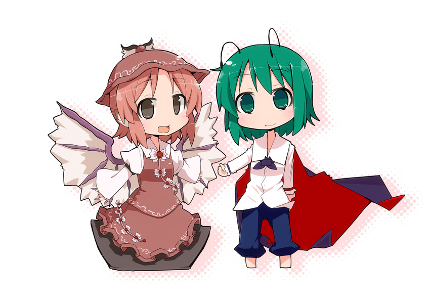 2girls animal_ears antennae brown_eyes cape chibi commentary_request dress_shirt green_eyes green_hair hat highres ladfa multiple_girls mystia_lorelei pants photoshop_(medium) pink_hair shirt short_hair touhou wings wriggle_nightbug