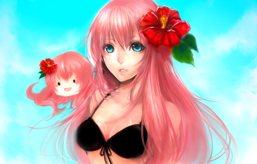 bikini bikini_top_only black_bikini blue_eyes commentary_request female flower front-tie_top hibiscus highres long_hair megurine_luka pink_hair sasaki_ryou solo swimsuit takoluka vocaloid