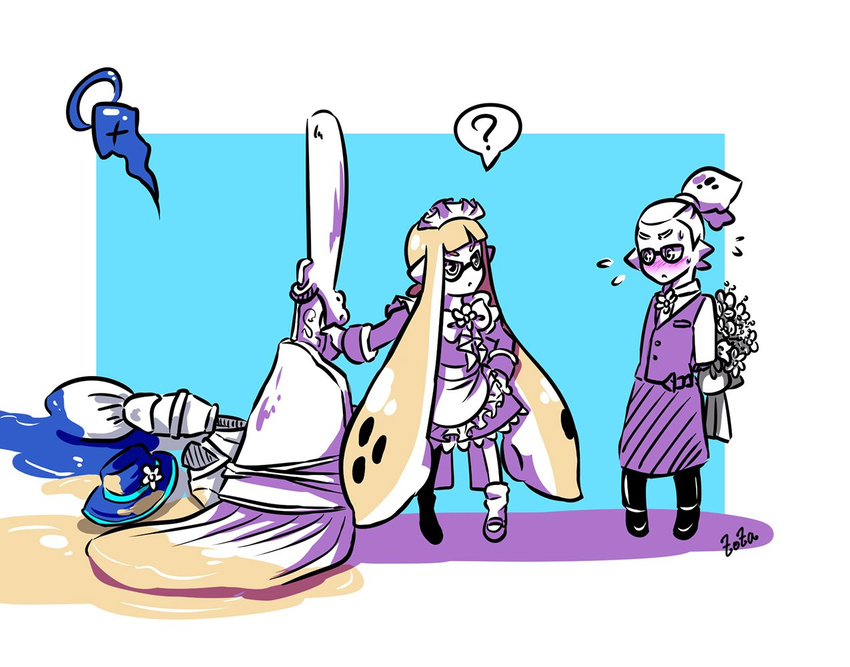 1boy ? apron arms_behind_back artist_name blunt_bangs blush bouquet butler cookie_(zoza) death donut_(zoza) dress female flower flying_sweatdrops hair_slicked_back halo hand_on_own_hip hat hat_flower holding holding_weapon inkbrush_(splatoon) inkling inkling_boy inkling_girl inkling_player_character lollipop_(zoza) long_sleeves looking_at_viewer maid maid_headdress mary_janes octobrush_(splatoon) paint_splatter pants pointy_ears scrunchie shirt shoes signature socks splatoon_(series) splatoon_1 spoken_question_mark standing t-shirt topknot weapon white_hair zoza