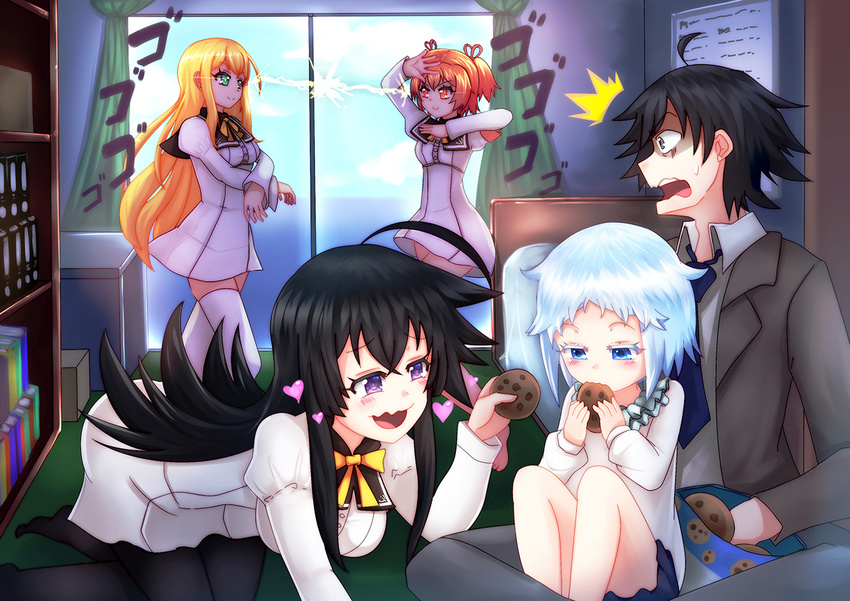 4boys :> ^^^ ahoge aqua_hair arisugawa_reiko arkfield armband bed black_hair black_legwear blonde_hair blue_eyes blush book bookshelf box commentary_request cookie curtains eating female food frills green_eyes grey_eyes heart indoors jinryou_karen jojo_no_kimyou_na_bouken jojo_pose kagurazaka_kimito long_hair long_sleeves multiple_boys necktie open_mouth orange_eyes orange_hair ore_ga_ojou-sama_gakkou_ni_"shomin_sample"_toshite_rachirareta_ken pale_skin photoshop_(medium) pose puffy_sleeves purple_eyes school_uniform shiodome_hakua short_hair sitting sitting_on_person smile standing stare_down sweatdrop table tenkuubashi_aika thighhighs twintails very_long_hair wavy_mouth white_legwear window