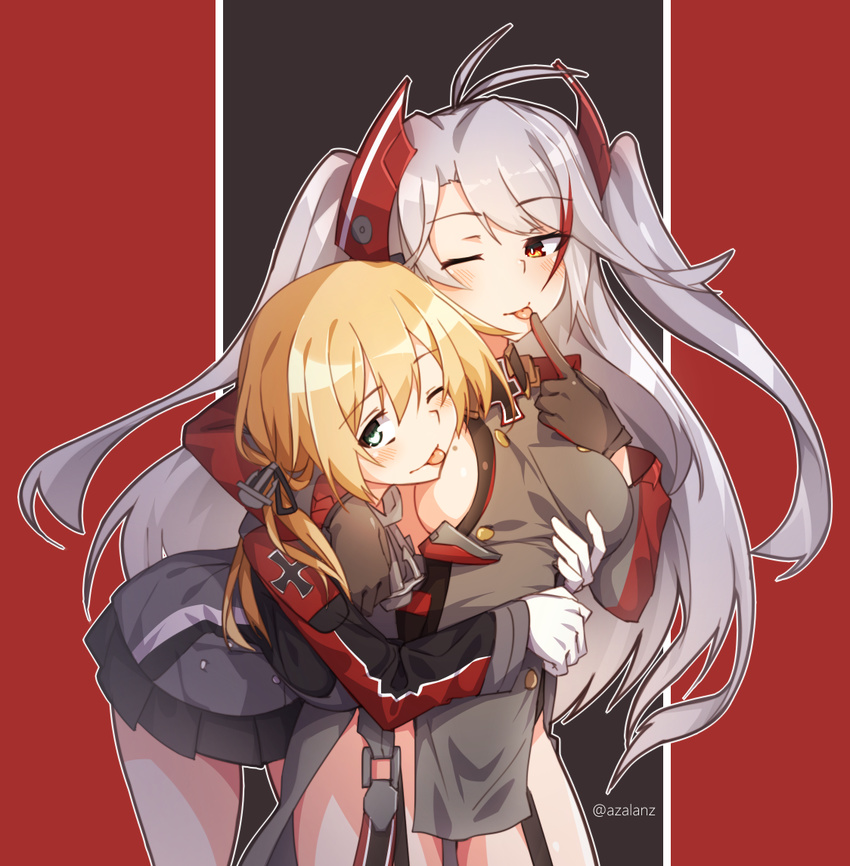 2girls ;p azur_lane bent_over black_gloves black_skirt blonde_hair blush breasts commentary cowboy_shot cross crossover gloves green_eyes grey_hair groping historical_name_connection hug hug_from_behind iron_cross kantai_collection licking licking_breast licking_finger long_hair long_sleeves looking_at_viewer medium_breasts mole mole_on_breast multiple_girls name_connection one_eye_closed pelvic_curtain pleated_skirt prinz_eugen_(azur_lane) prinz_eugen_(kancolle) selfcest sideboob skirt tilt-shift_(azalanz) tongue tongue_out twitter_username two_side_up white_gloves yellow_eyes yuri