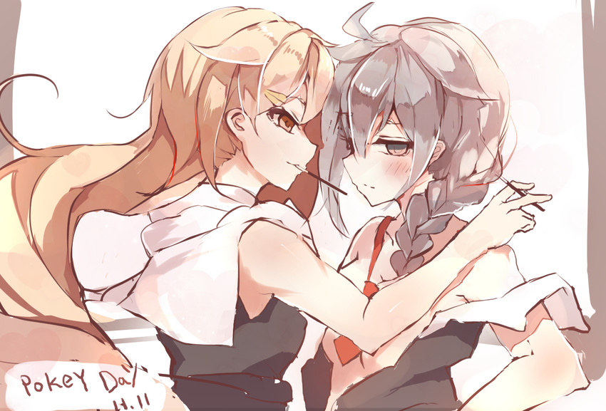 2girls ahoge blush braid commentary_request hair_flaps hair_ornament hair_over_shoulder kantai_collection long_hair looking_away multiple_girls neckerchief open_clothes pocky_day scarf school_uniform serafuku shigure_(kancolle) shigure_kai_ni_(kancolle) single_braid white_scarf yu_kitsune yuri yuudachi_(kancolle) yuudachi_kai_ni_(kancolle)