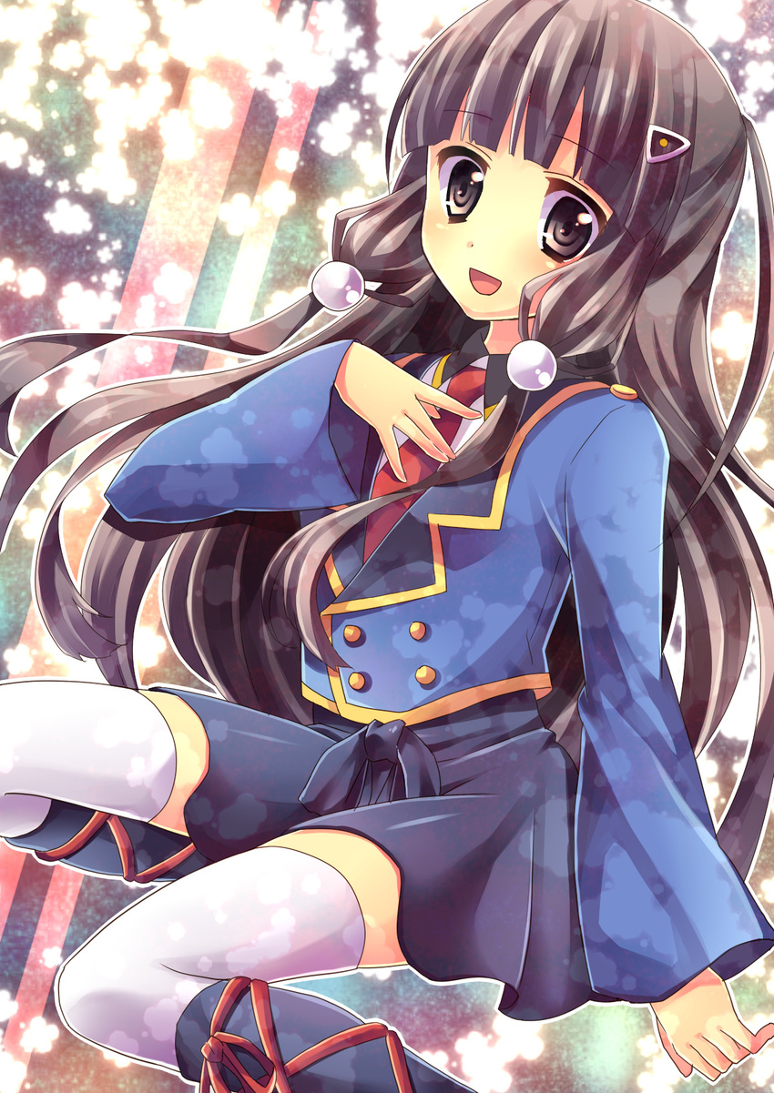 bad_id bad_pixiv_id black_hair brown_eyes female hair_ornament hasegawa_hirano highres long_hair necktie riku_(melty_drop) skirt solo tantei_opera_milky_holmes thighhighs