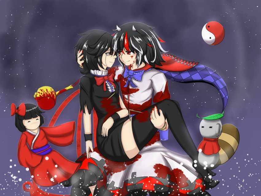 2girls asymmetrical_wings bad_id bad_pixiv_id black_hair blood blood_on_clothes blood_on_face blood_on_weapon carrying doll dress epic_armageddon grey_horns horns houjuu_nue injury jizou kijin_seija miracle_mallet multicolored_hair multiple_girls nimble_fabric princess_carry red_eyes red_hair short_hair small_horns tears touhou weapon white_hair wings