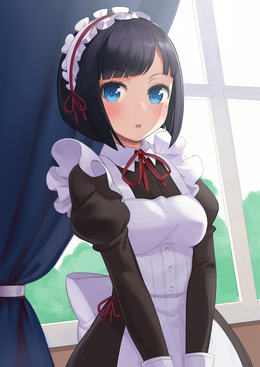 :o black_hair bloom blue_eyes blunt_bangs blush breasts commentary_request cristalavi curtains dress female highres indoors kujou_miyuki long_sleeves looking_at_viewer maid maid_headdress medium_breasts mole mole_under_eye ore_ga_ojou-sama_gakkou_ni_"shomin_sample"_toshite_rachirareta_ken parted_lips puffy_long_sleeves puffy_sleeves red_ribbon ribbon short_hair sleeveless sleeveless_dress solo upper_body v_arms window