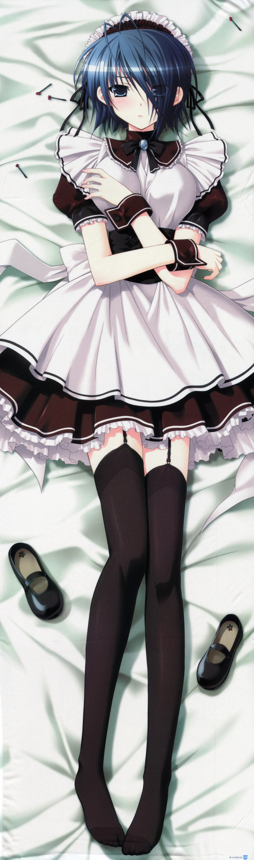 absurdres black_thighhighs blue_eyes blue_hair dakimakura_(medium) female full_body garter_straps hair_over_one_eye higa_yukari highres kirishima_sakura lying maid maid_headdress no_shoes sakura_sakura shoes solo thighhighs unworn_shoes wrist_cuffs