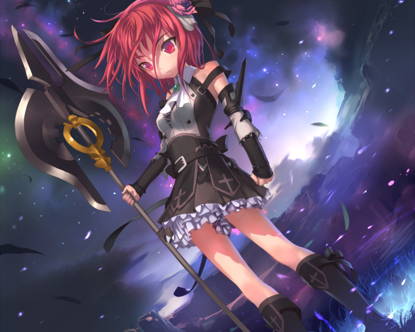 gothic red_eyes red_hair sky spear uni