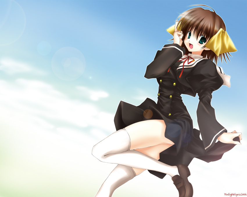 ahoge aqua_eyes bad_id blush brown_hair ef_(visual_novel) female hair_ribbon hand_up lens_flare luna_lia miyamura_miyako open_mouth pointing pointing_up puffy_sleeves red_ribbon ribbon sailor_collar school_uniform short_hair skirt skirt_hold sky solo thighhighs white_thighhighs yellow_ribbon