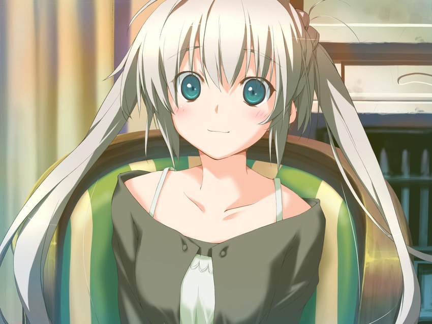 aqua_eyes bare_shoulders blush bra_strap chair female game_cg grey_hair happy_margaret! highres jpeg_artifacts kokonoka rindou_saki sitting smile solo twintails