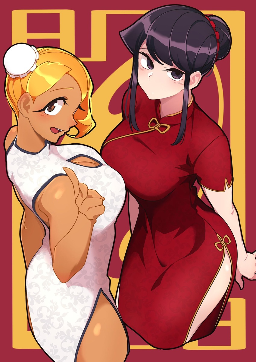 2girls asymmetrical_bangs black_eyes blonde_hair blush breasts china_dress chinese_clothes cleavage_cutout closed_mouth clothing_cutout dark-skinned_female dark_skin dress hair_bun highres komi-san_wa_komyushou_desu komi_shouko large_breasts lecca_aisu long_hair looking_at_viewer manbagi_rumiko multiple_girls open_mouth purple_eyes purple_hair single_side_bun sleeveless sleeveless_dress smile thighs v very_long_hair