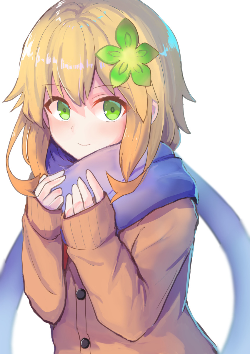 absurdres blonde_hair blue_scarf blush cardigan closed_mouth female gabriel_dropout green_eyes highres long_sleeves looking_at_viewer medium_hair scarf sleeves_past_wrists smile solo tapris_chisaki_sugarbell tenma-gav upper_body