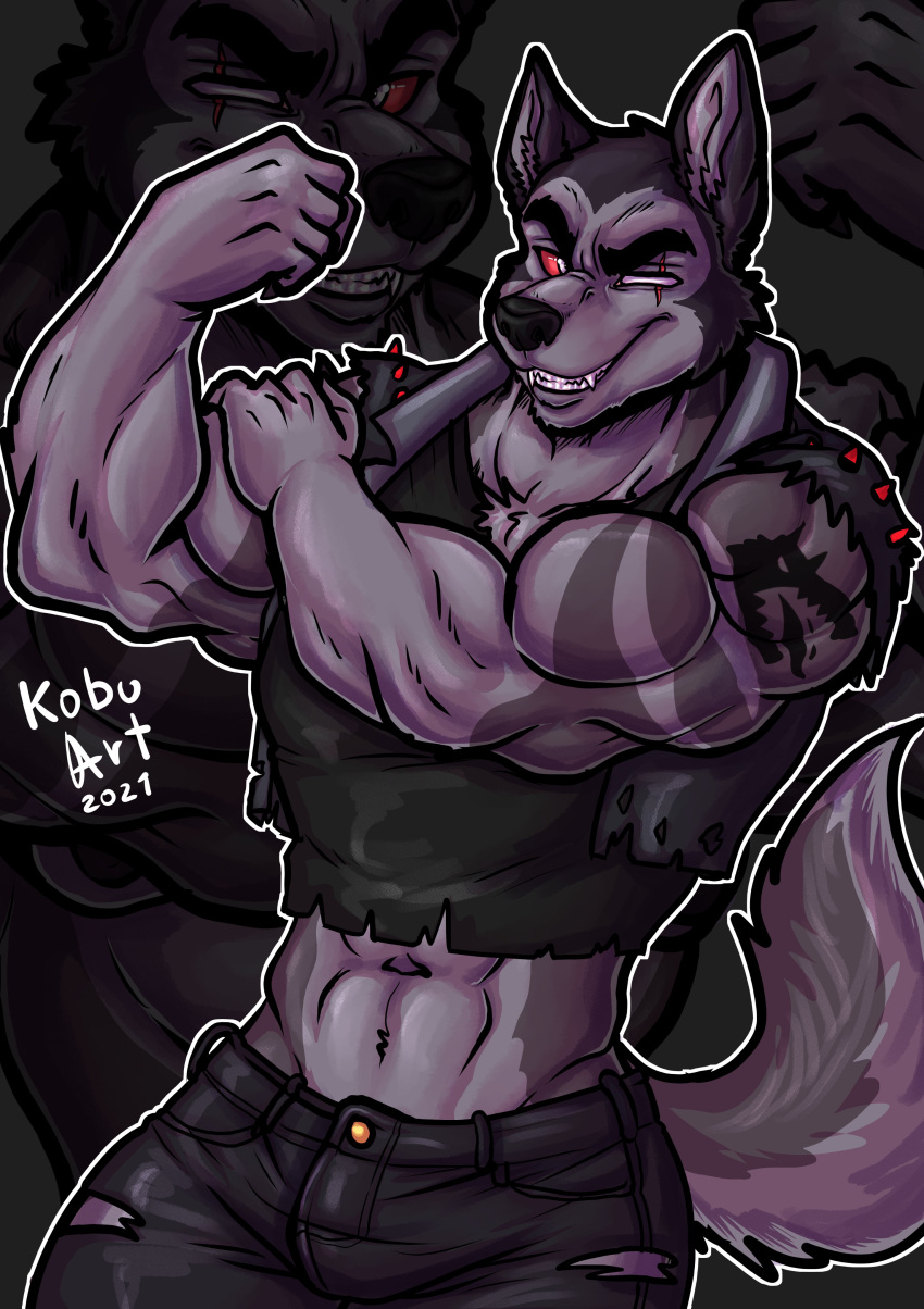 2021 5_fingers abs absurd_res anthro arm_tattoo biceps black_nose blind_eye bottomwear canid canid_demon canine canis chest_tuft claws clothed clothing demon digital_media_(artwork) eye_scar facial_scar fangs finger_claws fingers flexing fur grey_body grey_fur grin half-length_portrait hand_on_own_arm hellhound helluva_boss hi_res holding_arm humanoid_hands inner_ear_fluff jacket kobu_art leather leather_clothing leather_jacket leather_topwear looking_at_viewer male mammal midriff muscular muscular_anthro muscular_male mythological_canine mythological_creature mythology navel pants pinup portrait pose red_sclera scar sharp_teeth shirt signature sleeveless smile solo tattoo teeth three-quarter_portrait toothy_grin topwear torn_bottomwear torn_clothing torn_jacket torn_pants torn_shirt torn_sleeves torn_topwear tuft vortex_(helluva_boss) white_eyes wolf