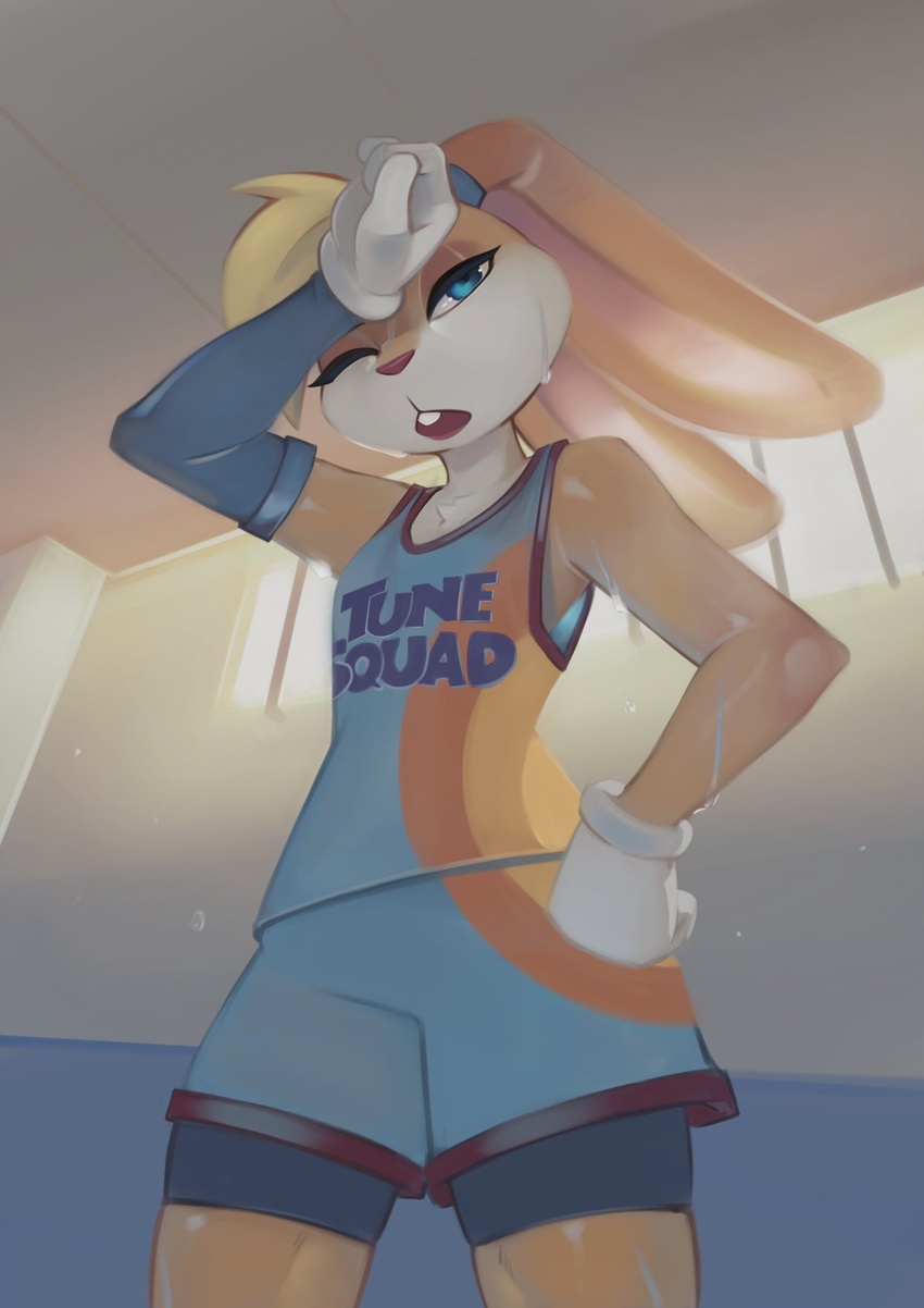 anthro athletic athletic_anthro athletic_female basketball_uniform blonde_hair blue_eyes bodily_fluids bottomwear buckteeth clothing female fur gloves hair handwear hi_res kerneldecoy lagomorph leporid lola_bunny looney_tunes mammal one_eye_closed portrait rabbit shorts sleeveless_shirt solo space_jam space_jam:_a_new_legacy sportswear sweat tan_body tan_fur teeth three-quarter_portrait tune_squad_outfit tune_squad_outfit_(2021) uniform warner_brothers white_clothing white_gloves white_handwear